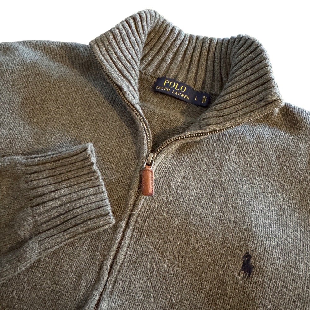 Polo Ralph Lauren Full Zip Sweater Mens Large Gray Double Zipper Mock Neck Logo